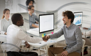 A photo of two men shaking hands in an office environment with a visual overlay of wavy lines that symbolize the onboarding experience