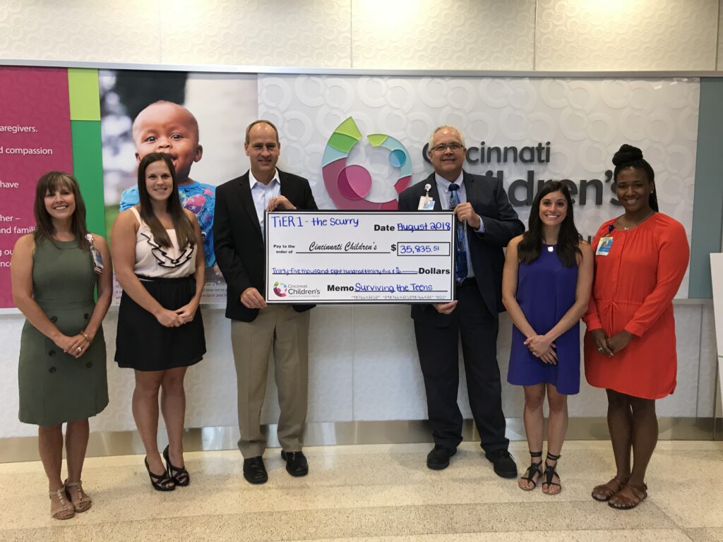 Photo of TiER1 presenting a check to Cincinnati Children's for mental health program