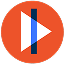 A play button encapsulated by a red circle, featuring a vertical blue line bisecting the triangle. The design is on a plain white background.