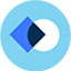 A stylized icon features two overlapping shapes: a blue diamond and a white circle. The blue background adds contrast, creating a modern, minimalist design.