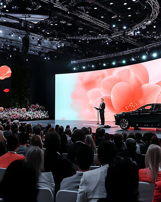 A speaker addresses an audience from a stage, with a car beside him. Background displays a large flower image. The event is held in a large, well-lit venue.