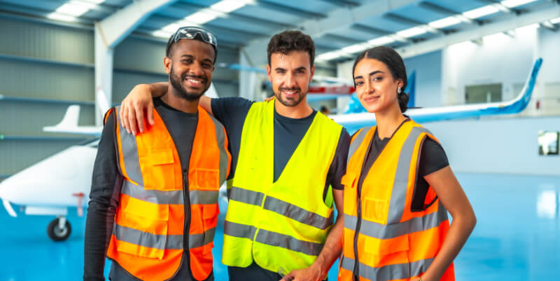 Three aviation ground crew wearing high-visibility vests stand close, smiling—one with his arm around another—inside a bright aircraft hangar with small planes in the background.