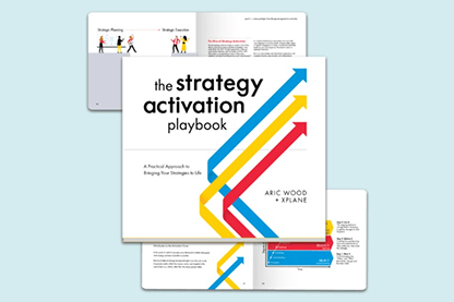A square book titled "the strategy activation playbook" lies partly open with inner pages visible on a pale teal background.
