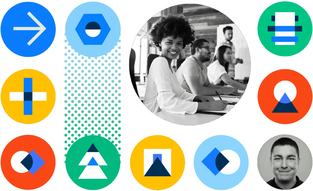 Central circular portrait: a smiling woman writing at a desk while colleagues work nearby in an office; colorful circular geometric icons surround, with a smaller male portrait at bottom-right.