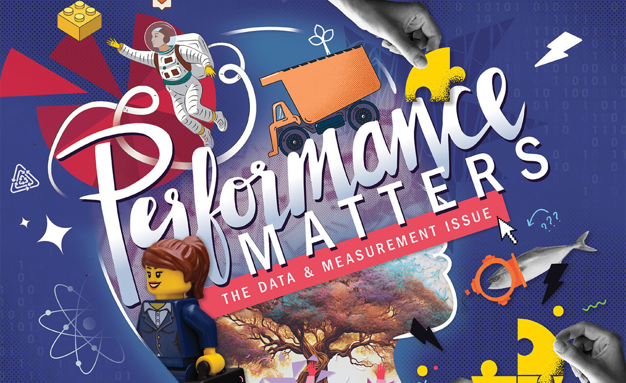 Bold script "Performance" with block "MATTERS" spans the center; a hand places a yellow puzzle piece above it; LEGO astronaut and minifigure, toy dump truck, fish and painted tree sit on a blue dotted background.