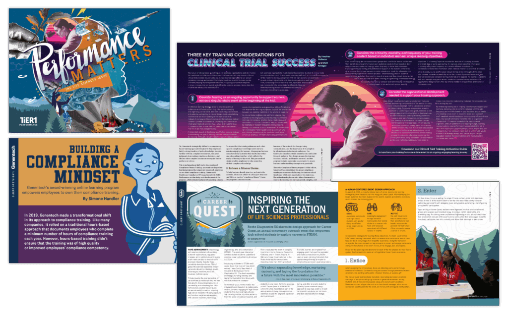 A layered magazine spread: colorful life‑sciences feature pages and infographics overlapping, presenting headlines, illustrations, and training-education content on a dark background.