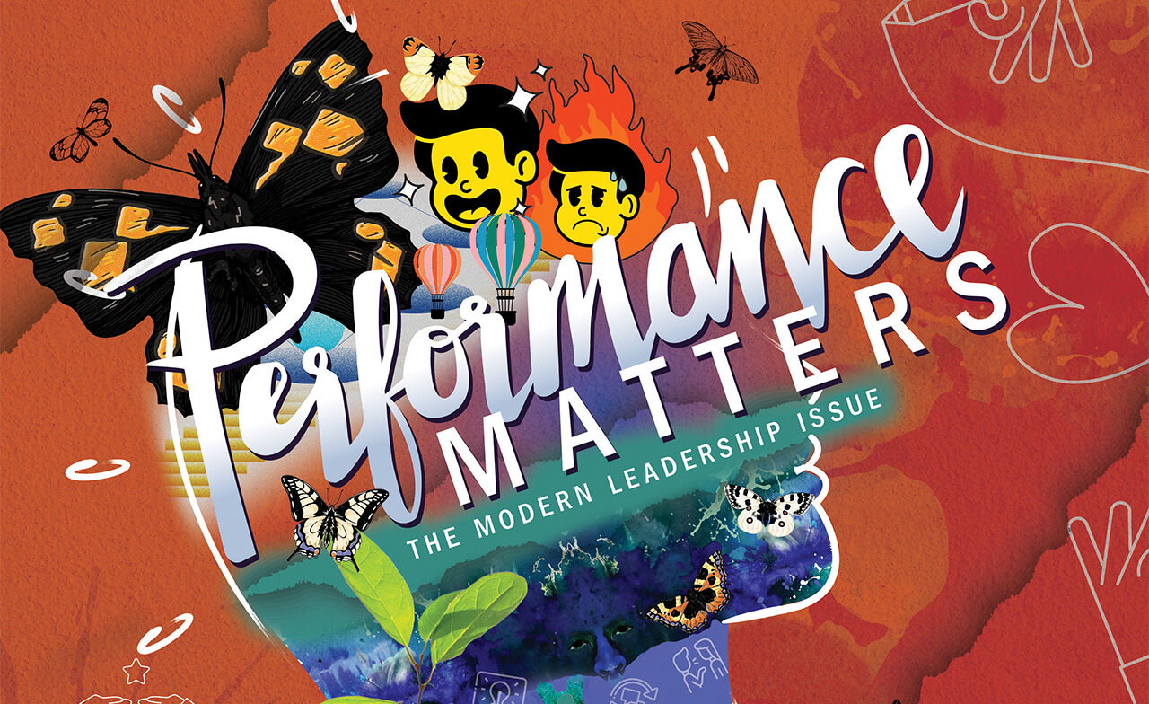 Stylized human head silhouette bursts with butterflies, hot‑air balloons, leaves, flames and oceanic/space textures while bold script overlays it against an orange textured background.