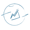 Blue circular hand-drawn icon containing an upward-trending line graph with an arrow; the circle and diagonal stroke are sketch-like, isolated on a white background.