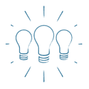 Three stylized blue lightbulbs—central bulb larger—emit radiating lines suggesting illumination; arranged side-by-side on a plain white background, evoking idea or inspiration.