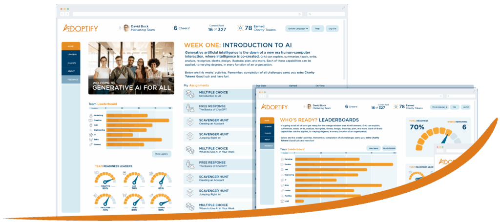 Web dashboard: Adoptify learning platform displaying "Week One: Introduction to AI" course page, assignments, team leaderboards and readiness gauges within a light, two-pane interface.