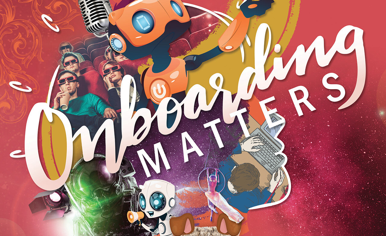 Large orange cartoon robot reaches over a collage of moviegoers in 3D glasses, an astronaut helmet, a small white robot and a person typing, set on a cosmic red background.