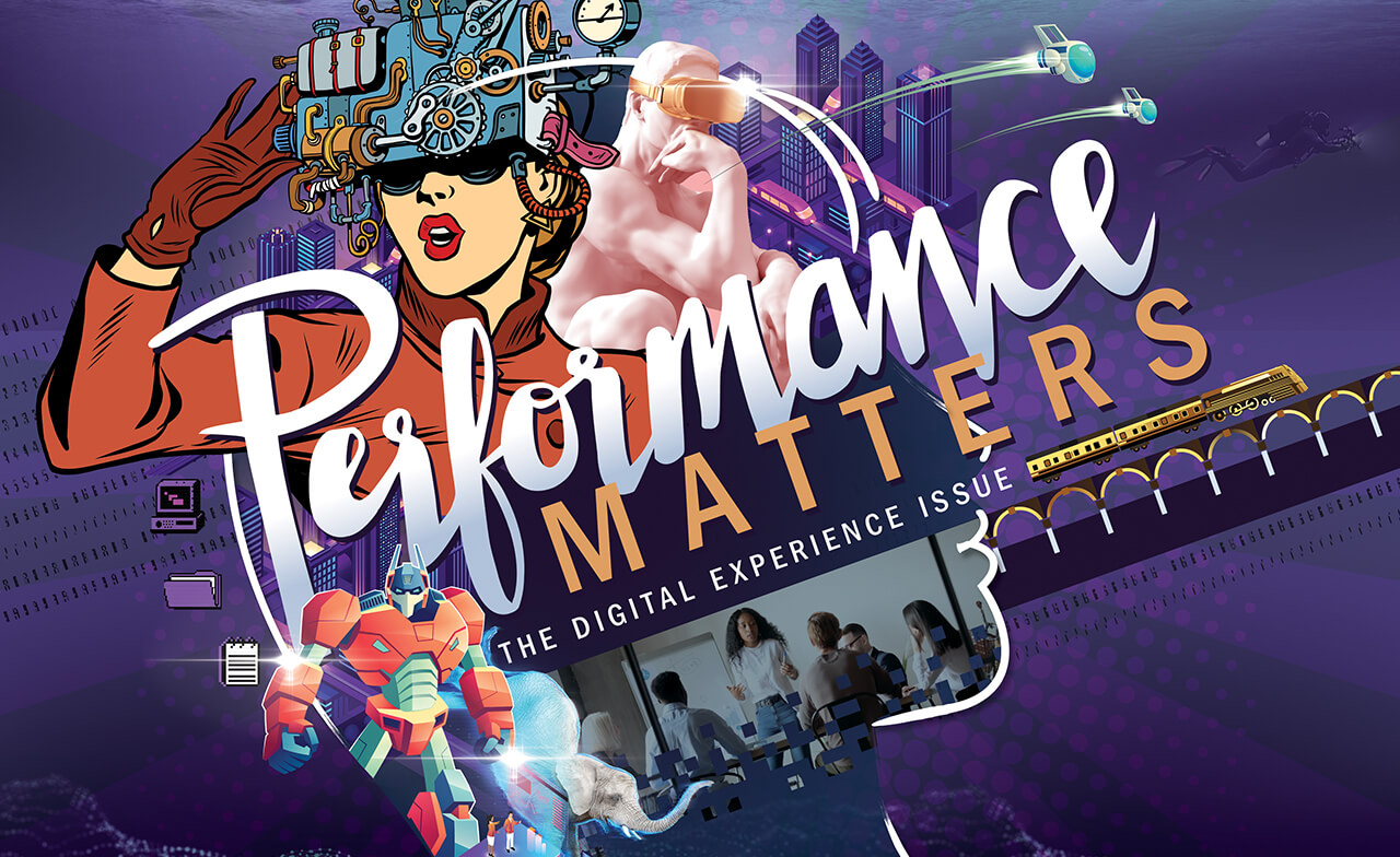 Retro-futuristic woman wearing a mechanical VR headset gazes forward amid a collage of digital elements—robot, classical statue with VR, city skyline, train and meeting photo—on a purple background.