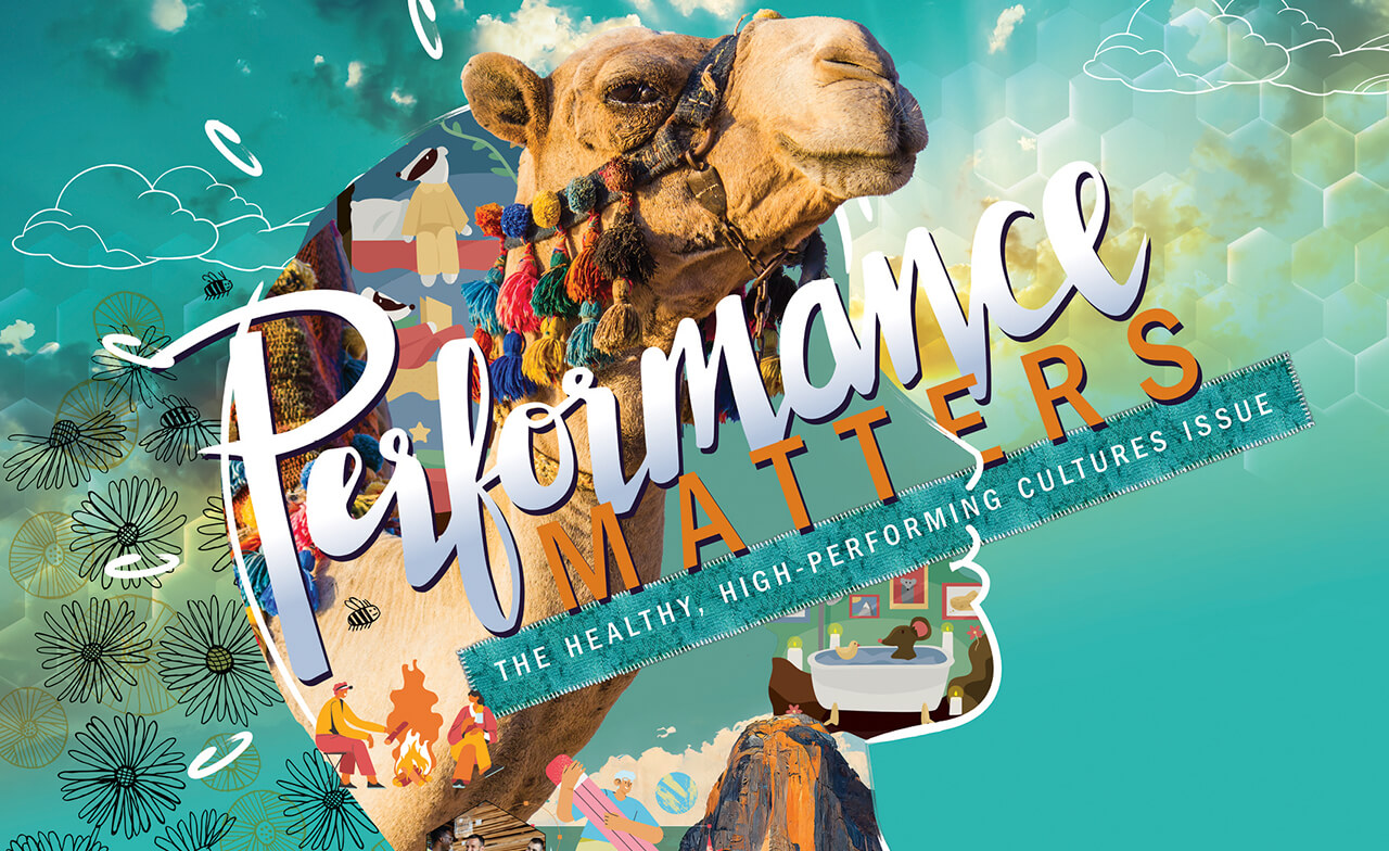 Camel wearing multicolored tassels faces right, overlaid by a large stylized title across a turquoise, collage-like sky with clouds, floral doodles and small illustrated vignettes.