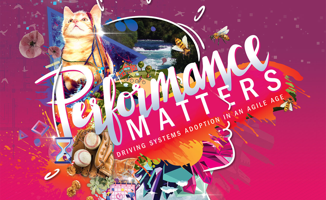 Stylized title "Performance & MATTERS" sprawls across a bright magenta collage of a cat, baseball glove with balls, bees and a river landscape; tagline "DRIVING SYSTEMS ADOPTION IN AN AGILE AGE".
