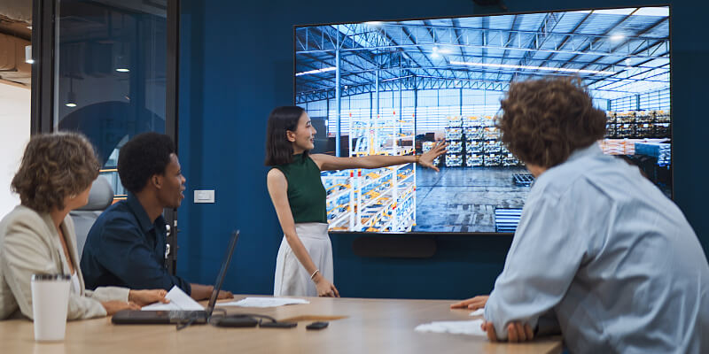 Presenter pointing to a warehouse image on a large screen during a team meeting.
