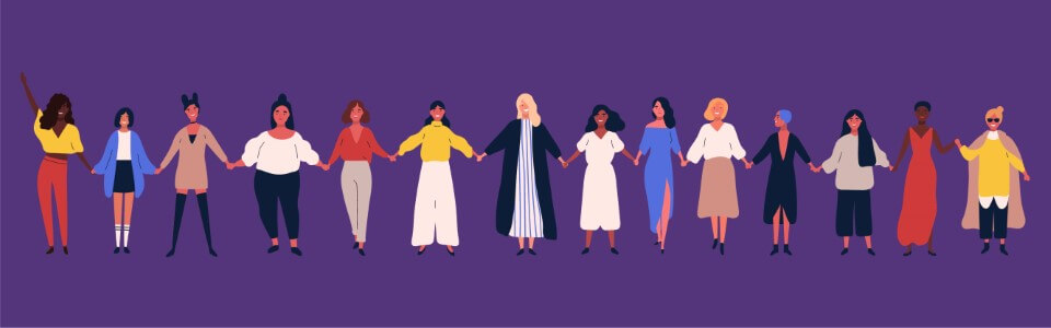 Illustrated image of women of diverse ethnicities holding hands.
