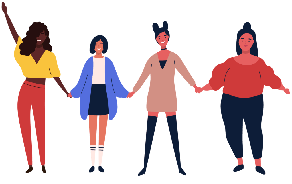 Illustration of four women holding hands, representing unity and empowerment.