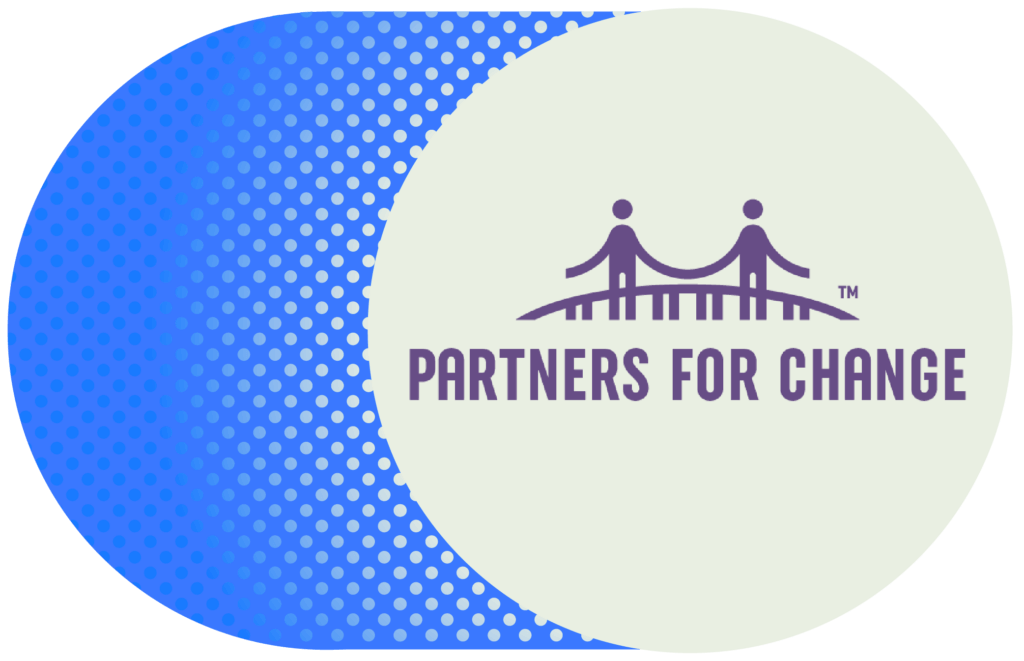 Partners for Change logo featuring two figures on a bridge over a dotted blue background.