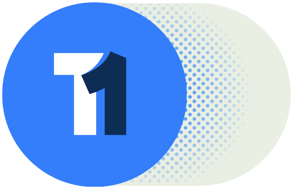 Graphic of the TiER1 “T1” logo inside a blue circle with a dotted background pattern.