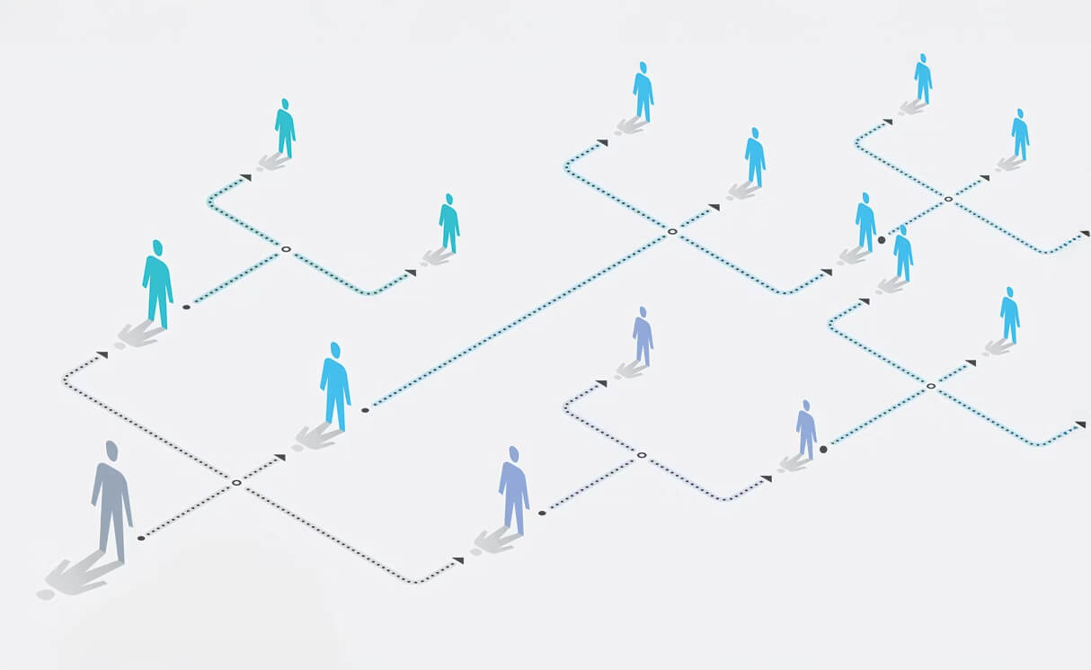 Illustration of branching pathways connecting people icons, representing an organizational structure.