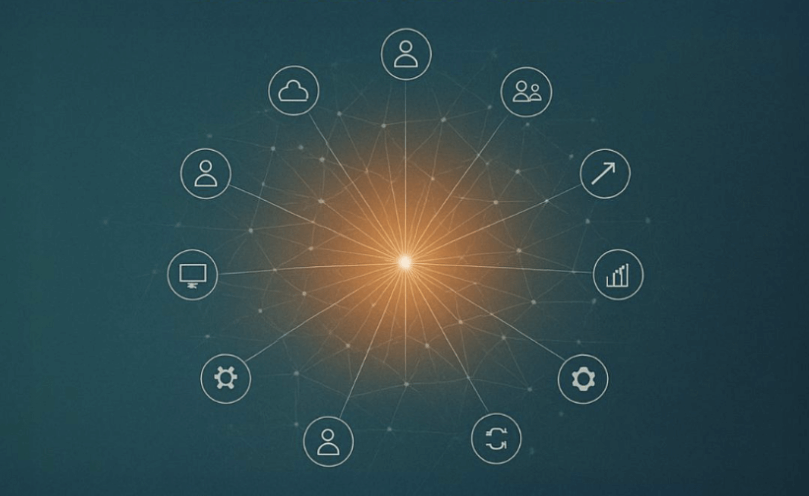 Diagram of interconnected business icons radiating from a central hub, representing an ecosystem network.