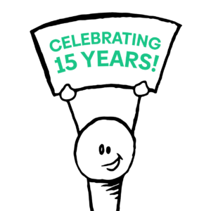 Illustration of Murray Scurry character holding a sign that reads “Celebrating 15 Years!”.