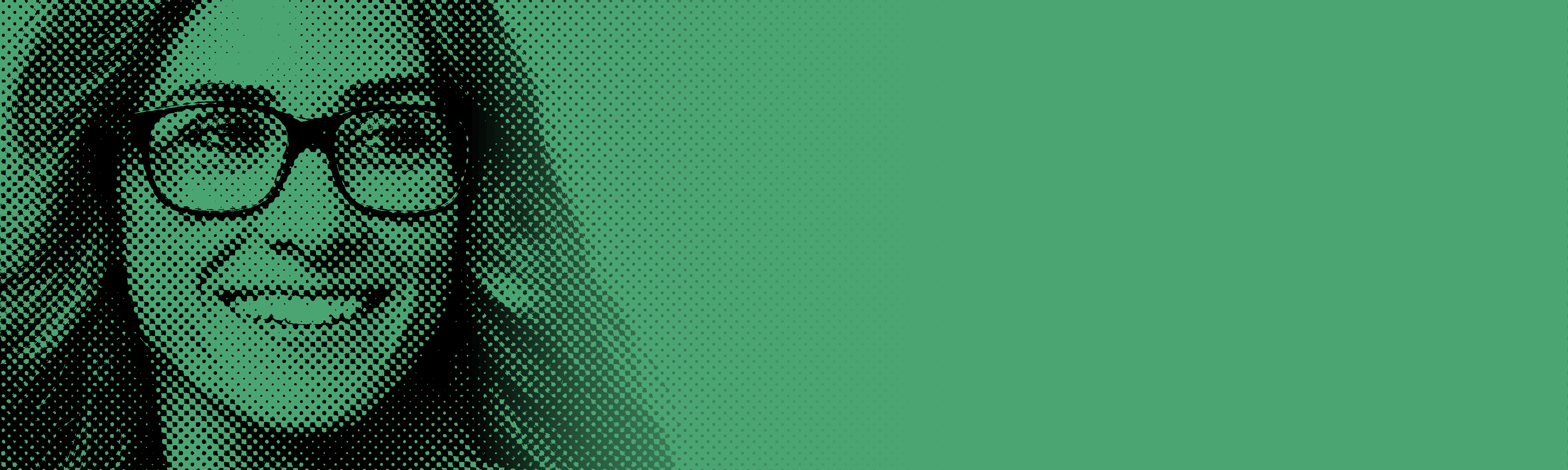 Green halftone-style portrait of a person wearing glasses, fading into a dotted gradient background.