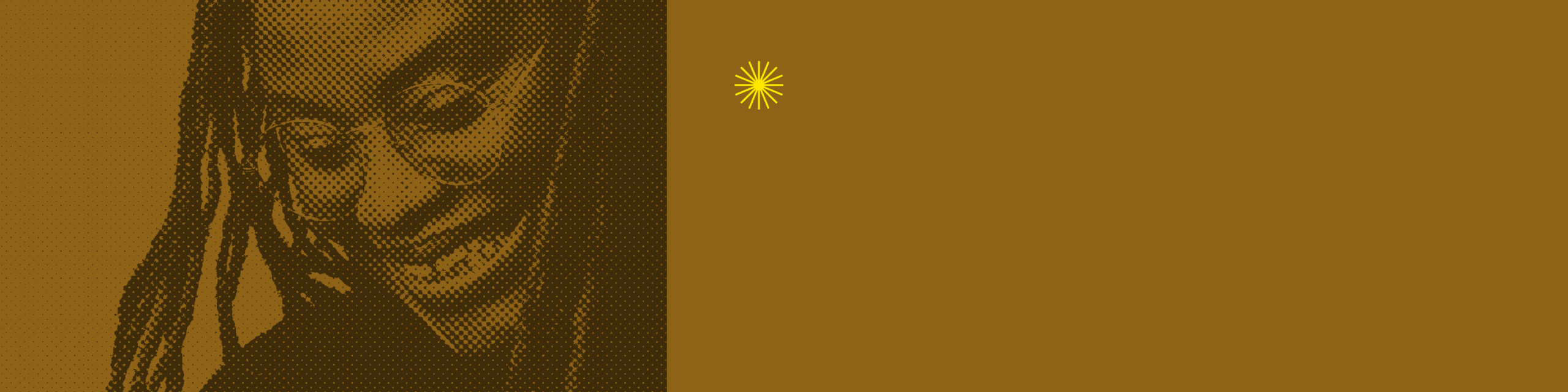 Brown background and a yellow star icon in the top left corner of the text, picture of a woman smiling in halftone pattern