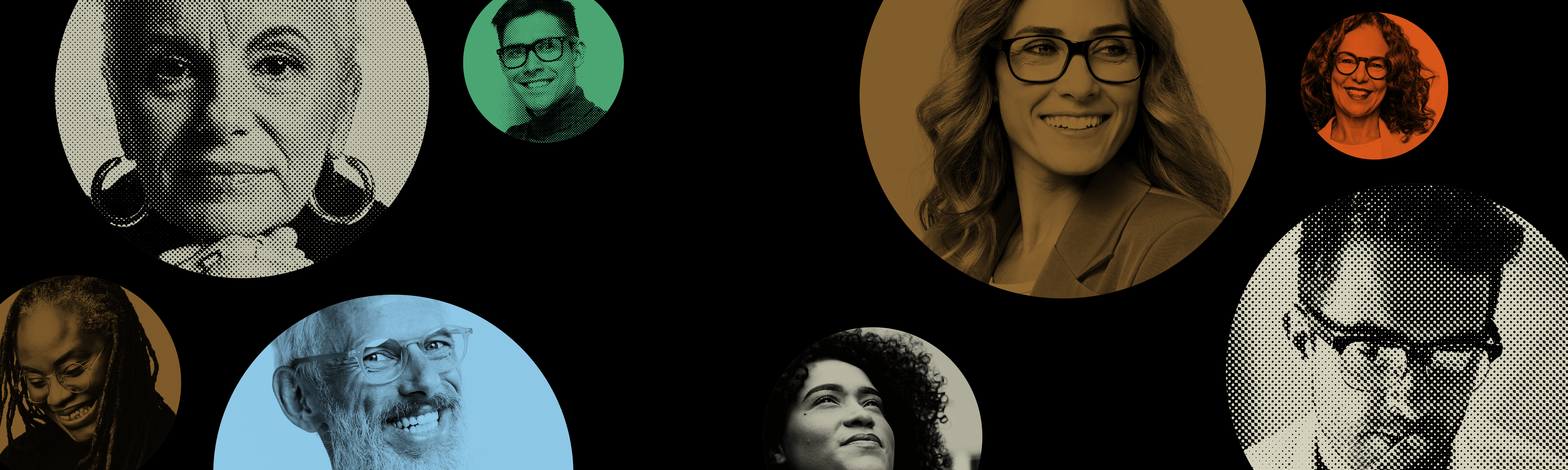 A stylized collage of diverse people’s portraits arranged across a black background. The faces appear inside overlapping circles in different sizes, tinted in monochrome colors including gold, blue, green, and orange.