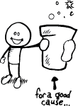 Murry Scurry character holding a drink with an arrow that says for a good cause